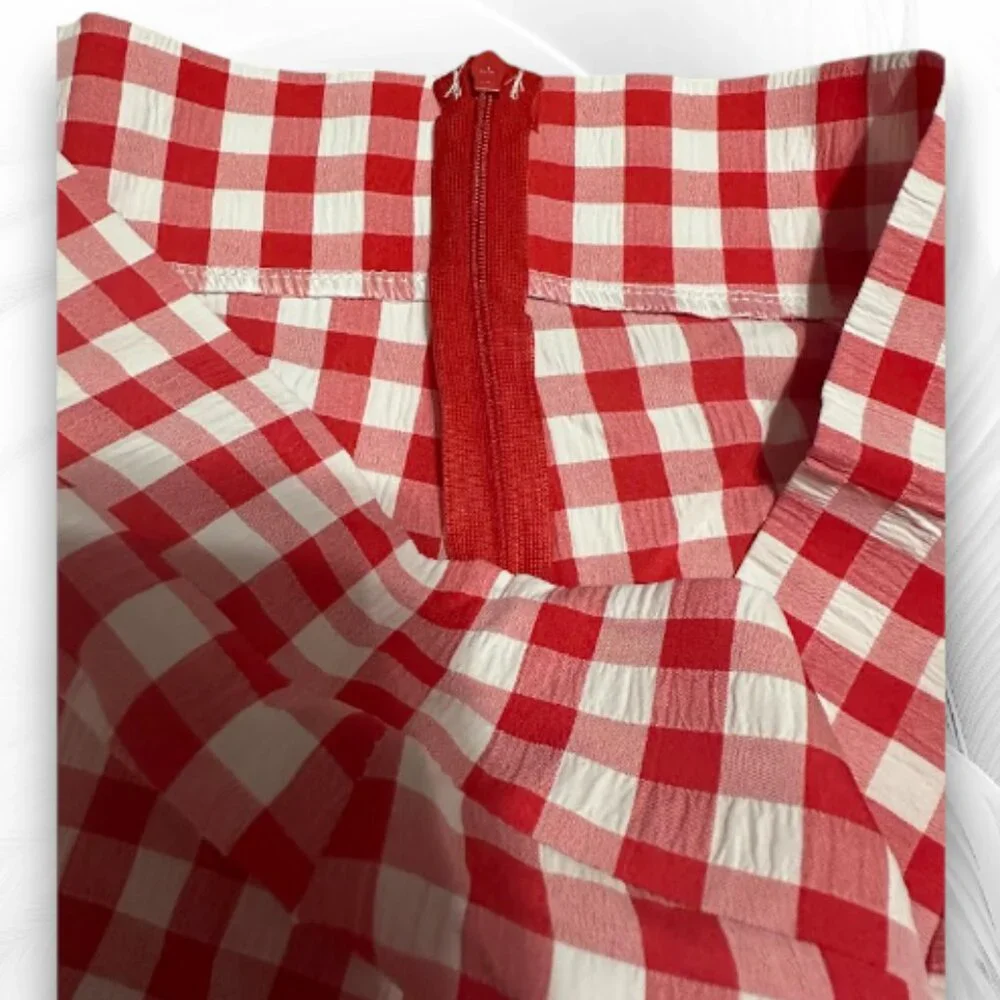 Red Gingham Maxi Skirt High Waist A-Line with Pockets - Picture 5 of 7